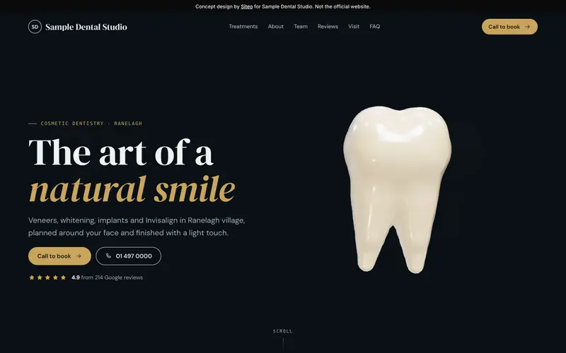 Porcelain template, Ink & gold theme: first screen of the Sample Dental Studio demo