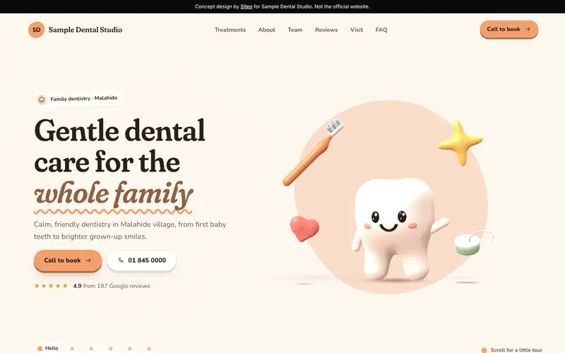 Pebble template, Apricot theme: first screen of the Sample Dental Studio demo
