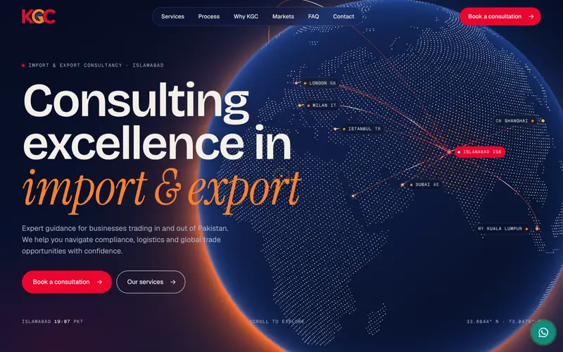 KGC concept: a glowing night-side globe with trade routes and the headline Consulting excellence in import and export